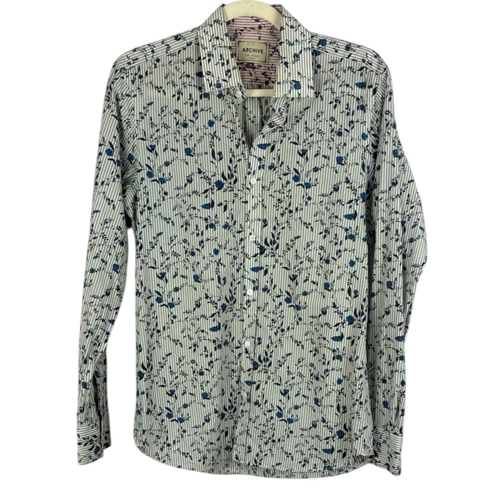 Ted Baker London Archive Collection Floral Striped Button Down Shirt Size 15